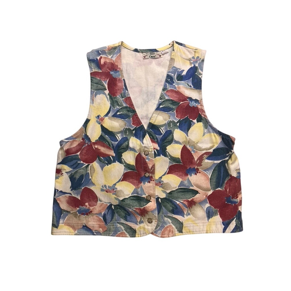 Vintage Orvis Vest Womens XL Floral Cotton Button Front USA Made V-Neck Top